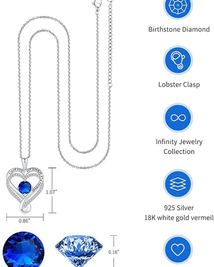 Jewelry for Women Wife Infinity Heart Birthstone I Love You Necklace S925 Anniversary Women Necklaces for Her Wife Birthday Gift Ideas, Birthday Present for Girlfriend Mom Daughter Sterling Silver