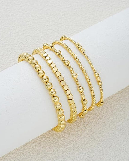 Gold Beaded Bracelets for Women, 14K Real Gold Plated Jewelry for Women Dainty Pearl Bead Bracelets Stack, Non Tarnish Trendy Stackable Ball Cross Stretch Bracelet Set Fashion Accessories Gifts