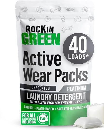 Rockin' Green Laundry Detergent Pods, Plant-based, All Natural, Vegan & Biodegradable Odor Fighter, Safe for Sensitive Skin (Unscented, Active Wear 40 Pods)