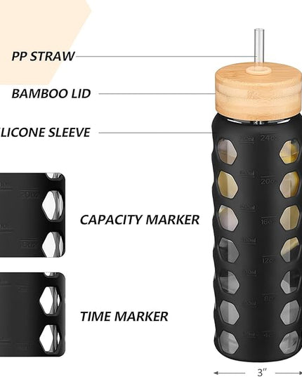 MUKOKO Glass Water Bottles, 24oz Glass Tumbler with Straw, Drinking Bottles with 2 Lids-Handle Spout Lid&Bamboo Straw Lid, Motivational Water Bottle with Time Marker and Silicone Sleeve, 1 Pack-Black