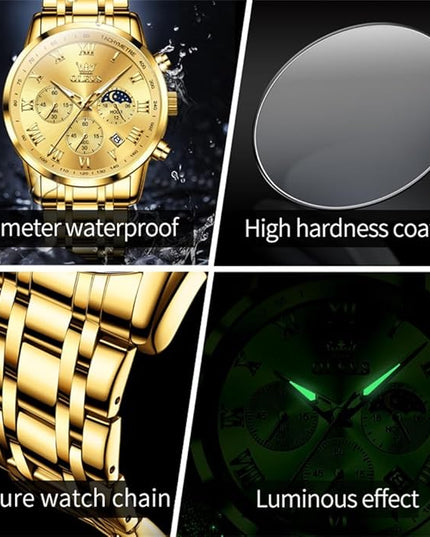 OLEVS Mens Watch Luxury Big Face Stainless Steel Analog Quartz Multifunctional Waterproof Luminous Date Two Tone Fashion Dress Wrist Watches for Man