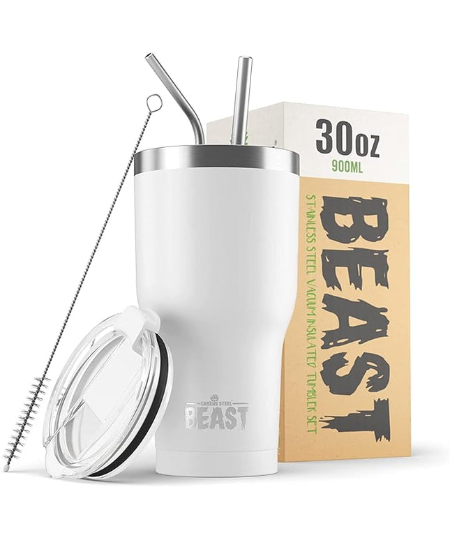 BEAST Insulated Coffee Mug – 900 ml I Arctic White I Stainless Steel I Reusable, Insulated Cups I 2 Straws and Cleaning Brush, Double Walled Travel Coffee Thermos I Hot or Iced Coffee