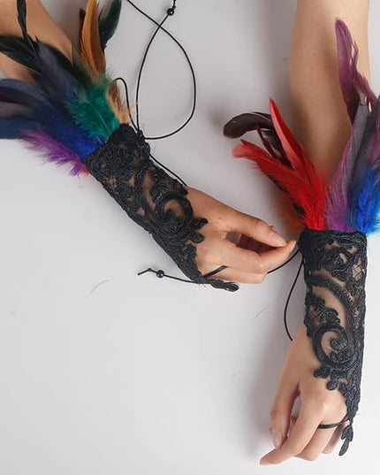 HOMELEX Women Black Lace Feather Gloves Witch Angel Costume Accessories Swan Wings Wrist Bands
