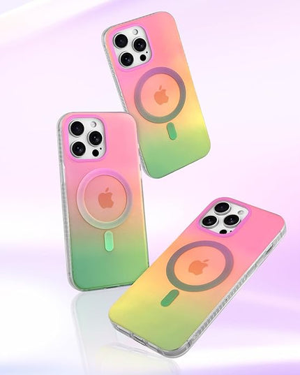 Aesthetic Case for iPhone 13 Pro Case for Women Girls, Compatible with Magsafe, Cute Girly Trendy Glitter Sparkly Rainbow Magnetic Protective Phone Cover, Matte Iridescent Pink & Green