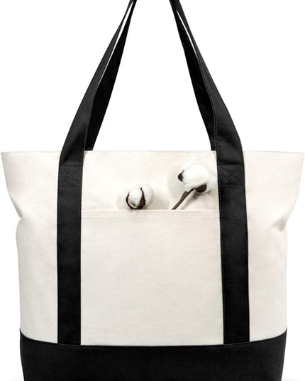TOPDesign 6-Pack Canvas Tote Bags with an External Pocket, Reusable Grocery Shopping Bags, Top Zipper Closure, Daily Essentials (Black/Natural)