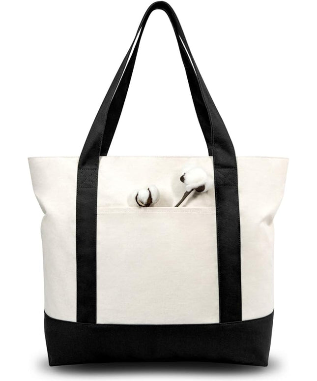 TOPDesign 6-Pack Canvas Tote Bags with an External Pocket, Reusable Grocery Shopping Bags, Top Zipper Closure, Daily Essentials (Black/Natural)