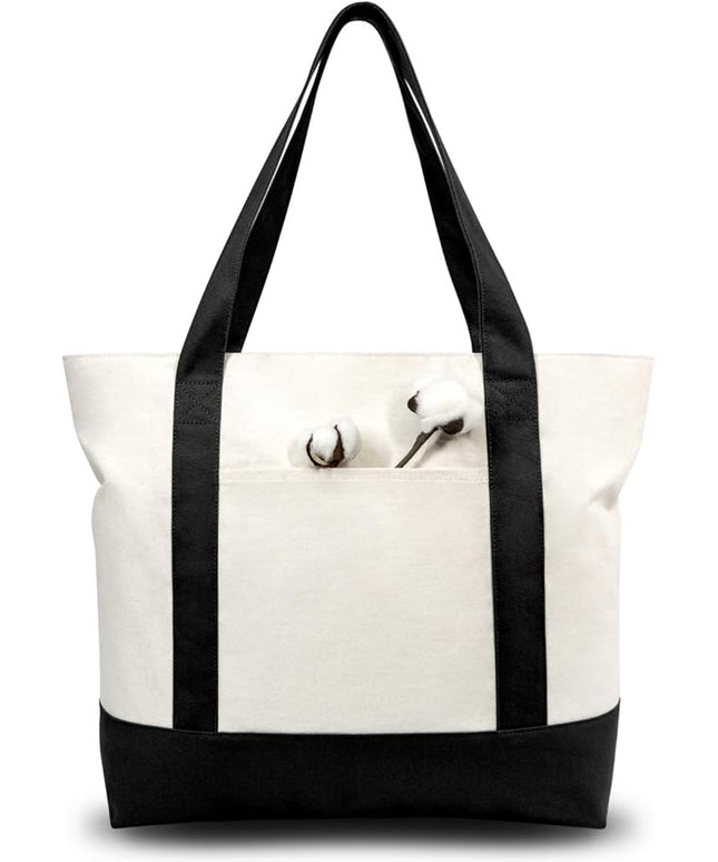 TOPDesign 30-Pack Canvas Tote Bags with an External Pocket, Reusable Grocery Shopping Bags, Top Zipper Closure, Daily Essentials (Black/Natural)