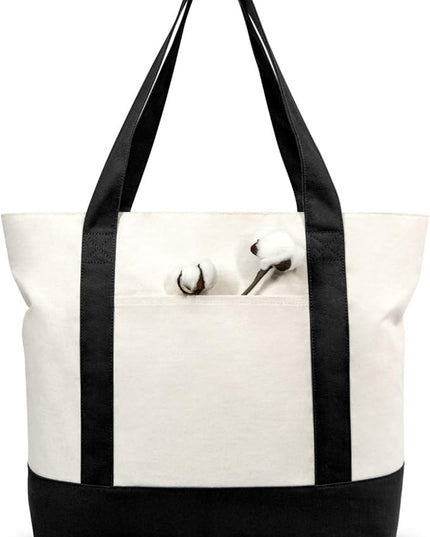 TOPDesign 3-Pack Canvas Tote Bags with an External Pocket, Reusable Grocery Shopping Bags, Top Zipper Closure, Daily Essentials (Black/Natural)