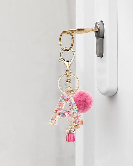 Resin Alphabet Initial Letter Keychain Keyring for Women Purse Handbags With Fur Ball Pom