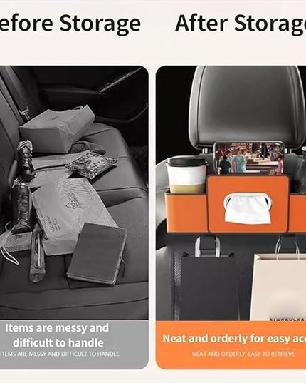 Car Organizers and Storage Box,3-in-1 Car Backseat Organizer,Multifunctional Car Seat Back Storage Box,Car Breeze Organizer with Cup Holder,Tissue Box&Hooks,Keep Your Ride Clean Organized (Orange)