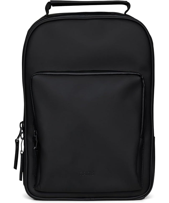 RAINS Book Daypack Large Black Laptop Backpack for Men and Women, Waterproof Black Minimalist Commuter Bag with 15”-16"