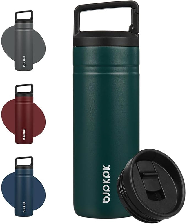 BJPKPK Insulated Water Bottle with 2 Lids,20 oz Double Wall Stainless Steel Vacuum Tumbler Travel Coffee Mug,Wide Mouth Thermal Cup,Dark Green