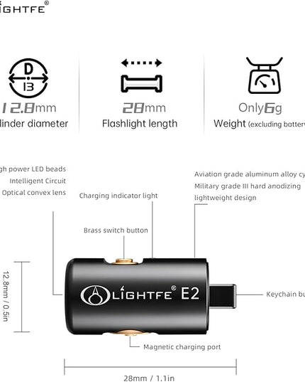 LIGHTFE E2 Mini Keychain Flashlight - Rechargeable USB Magnetic Charging, Compact & Bright LED Pocket Light for Emergencies, Camping, EDC, Everyday Carry