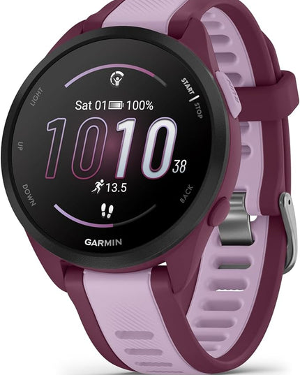 Wearable4U Garmin Forerunner 165 Music Running Smartwatch, Colorful AMOLED Touchscreen, Training Metrics and Recovery Insights Includes PowerPack +Adapters Bundle, Berry/Lilac