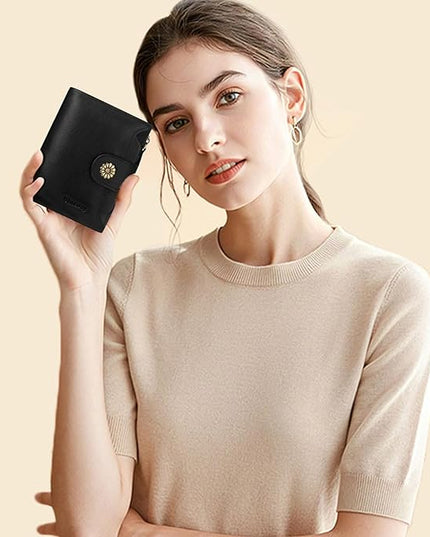 Blucoay Wallet Women,RFID Blocking Leather Womens Wallet Bifold Compact Card Holder Small Wallet for Women with Removable ID Window Black