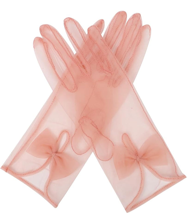 QRBTSCL Women's Short Tea Party Gloves Tulle Gloves with Bowknot Mesh Glove Wedding Bridesmaids Evening Party Glove