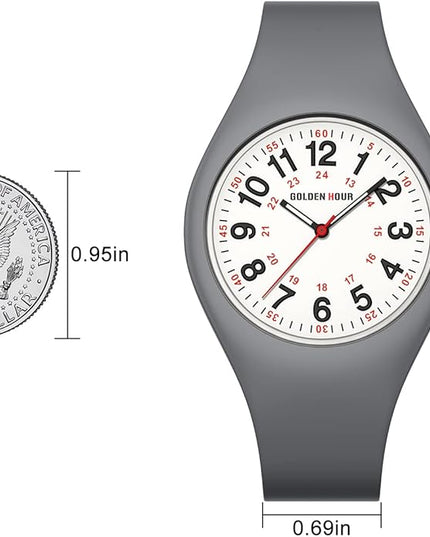 GOLDEN HOUR Waterproof Sports Analog Unisex Watches for Nurse Medical Professionals, Students - Military Time Glowing Easy to Read Dial, Jelly Silicone Strap