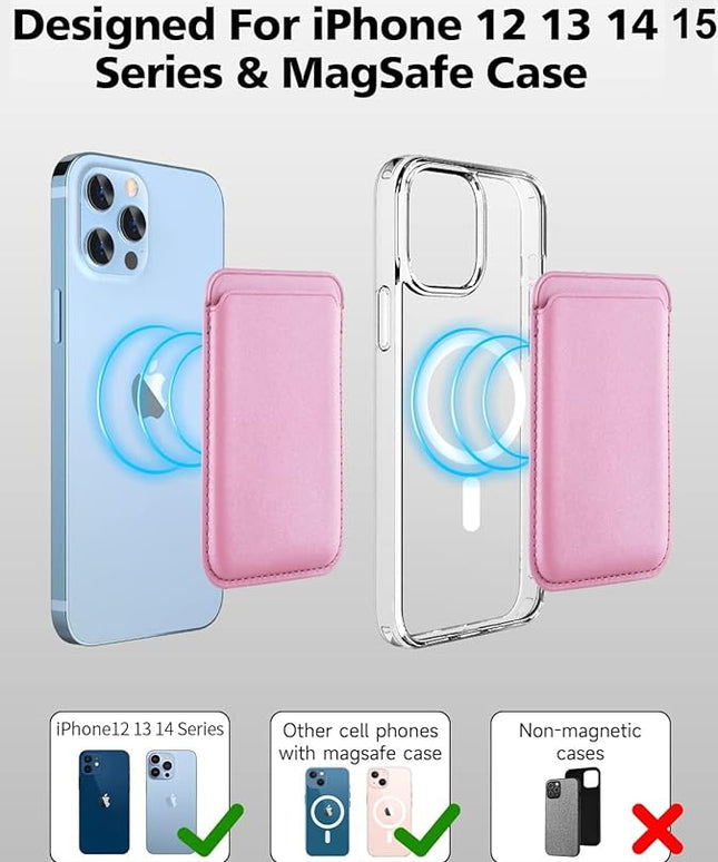 Mizi MagSafe Wallet, Magnetic Phone Vegan Leather Wallet - Slim 3 Cards Holder for iPhone 15/14/13/12 Series - Pink
