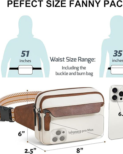 LATMAP 3L Fanny Packs for Women Cross Body Bag Vegan Leather Chest Belt Bag Fashion Waist Pack Small Bum Bag Crossbody for Travel Running Workout, Beige with Brown