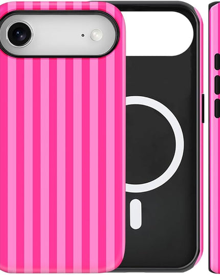Magnetic for iPhone 17 Air Case Cute Stripes Phone Case, Shockproof Slim TPU and Hard PC Protective Phone Cover Compatible with MagSafe Designed for Women Girls, Deep Pink