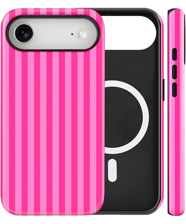 Magnetic for iPhone 17 Air Case Cute Stripes Phone Case, Shockproof Slim TPU and Hard PC Protective Phone Cover Compatible with MagSafe Designed for Women Girls, Deep Pink
