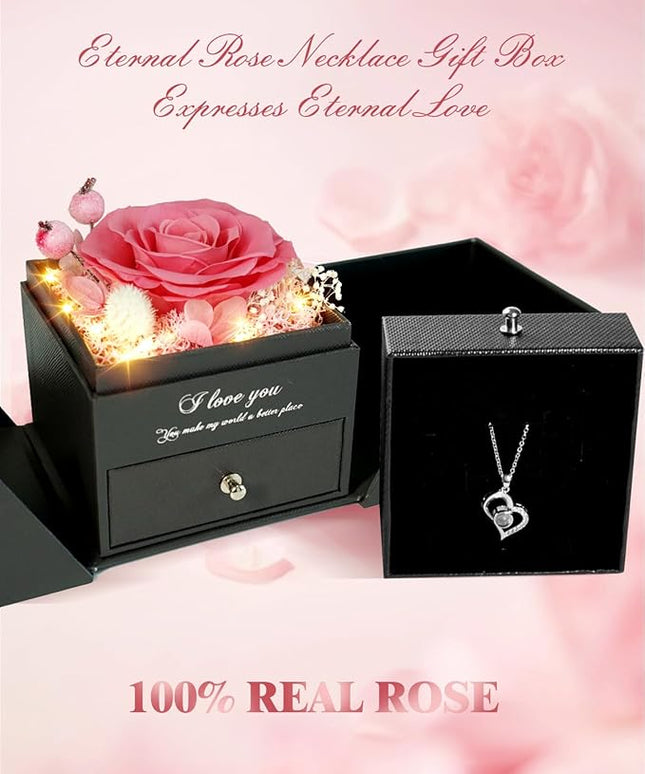 Birthday Gifts for Women, Preserved Real Roses with Heart Necklace I Love You in 100 Languages, Romantic Anniversary Wedding Gifts for Women Her Girlfriend Wife, Forever Roses Necklace Gift Box Pink