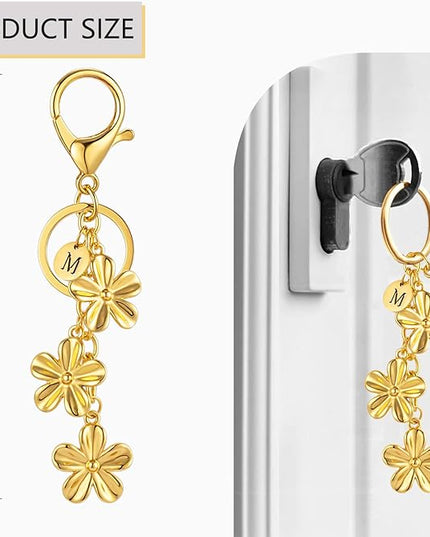 XGALBLA Gold/Silver Initial Keychain Flower Charms for Key Cute Letter Keyring for Purse Handbag Backpack