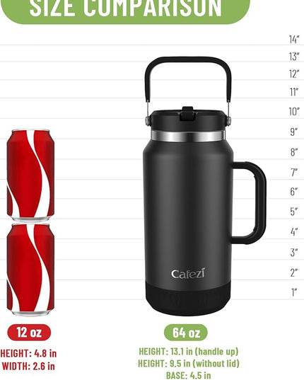 64oz Half Gallon Insulated Water Jug with Flip Straw & Silicone-Grip Handle - Leak-Proof, Sweat-Free, BPA-Free, Iced for 34 Hours, Wide Mouth, Dishwasher Safe, Anti-Slip Base