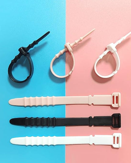 Silicone Zip Ties, Reusable Zip Ties, 20pcs Rubber Cable Ties Straps for Wire Management, Elastic Cable Organizer for Home Office Table Desk. 4.5” Cord Ties in White, Black, Pink, Purple and Blue