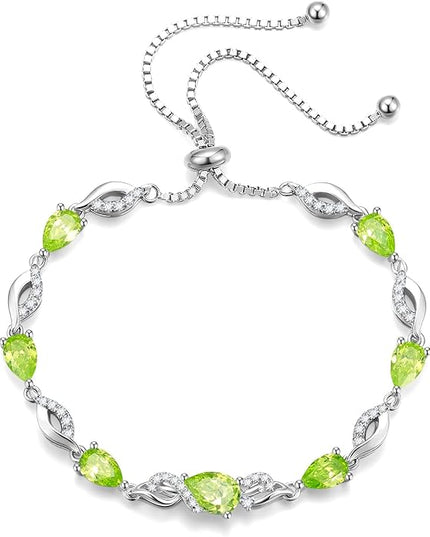 FANCIME Birthstone Teardrop Tennis Bracelet for Women, Sterling Silver 9x7mm main Gemstone Bolo Adjustable Chain Bracelet Fine Jewelry Birthday Gifts for Women Mom Wife Her