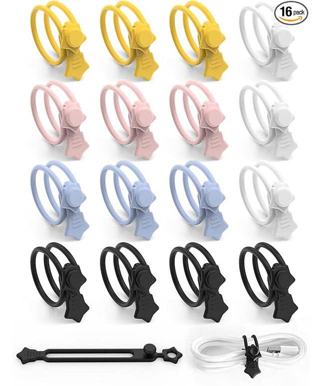 16 Pack Silicone Cable Ties, Reusable Star Design Cord Organizer Straps With 2 Binding Methos, Durable & Stretchable Wire Management for Home, Office, Travel (Colorful)