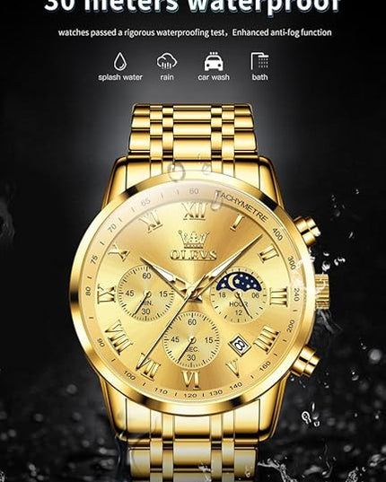 OLEVS Mens Watch Luxury Big Face Stainless Steel Analog Quartz Multifunctional Waterproof Luminous Date Two Tone Fashion Dress Wrist Watches for Man