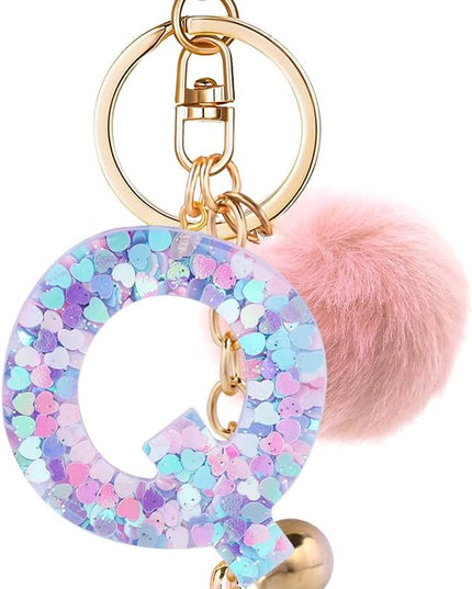 Resin Alphabet Initial Letter Keychain Keyring for Women Purse Handbags With Fur Ball Pom