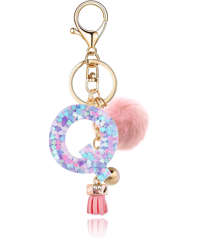 Resin Alphabet Initial Letter Keychain Keyring for Women Purse Handbags With Fur Ball Pom