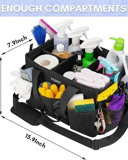 Ytonet Extra Large Cleaning Caddy Bag with 4 Foldable Dividers, Wearable Cleaning Caddy Organizer with Handle & Shoulder Strap & Waist Strap, Housekeeping Tote for Cleaners, Black Grey