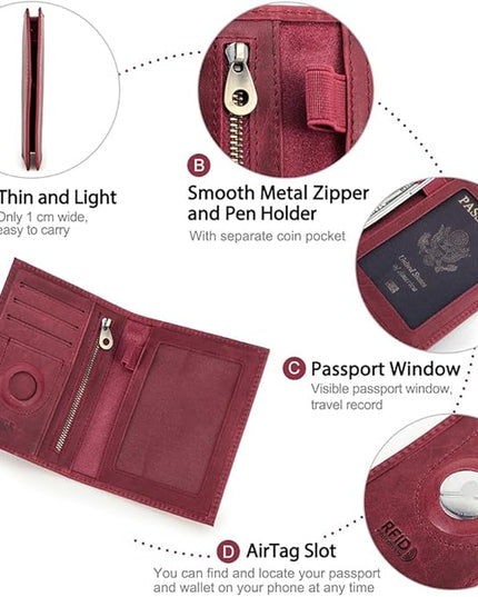 CONTACTS Full Grain Leather Passport Holder RFID Blocking Travel Passport Wallet Compatible Airtag Passport Cover Case with 4 Cards Slots, Coin Pocket (Badge, Wine Red)