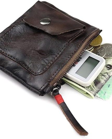 ZYLOXAR Genuine Leather Coin Pouch with Zipper Snap Closure Crazy Horse Wallet for Women (Coffee)