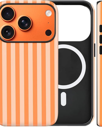 Magnetic for iPhone 17 Pro Case Cute Stripes Phone Case, Shockproof Slim TPU and Hard PC Protective Phone Cover Compatible with MagSafe Designed for Women Girls, Orange