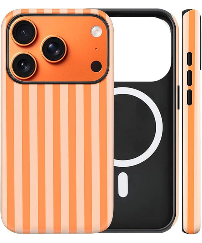 Magnetic for iPhone 17 Pro Case Cute Stripes Phone Case, Shockproof Slim TPU and Hard PC Protective Phone Cover Compatible with MagSafe Designed for Women Girls, Orange