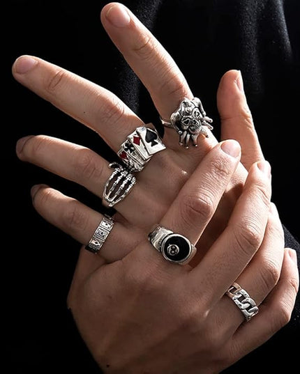 KISS WIFE Cool Rings Set for Women, Vintage Silver Punk Rings Bulk, Gothic Chunky Knuckle Emo Stackable Finger Ring Pack Western Jewelry Gift for Her