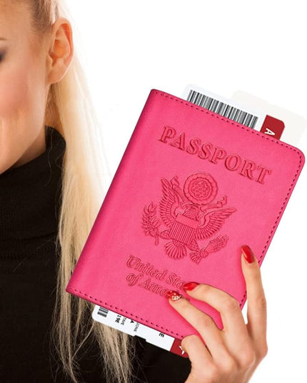 Passport and Vaccine Card Holder Combo, with Slot, Wallet, Cover, Case, for Women Men(AD-Rose Red)