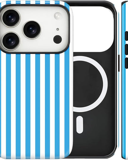 Magnetic for iPhone 17 Pro Max Case Cute Stripes Phone Case, Shockproof Slim TPU and Hard PC Protective Phone Cover Compatible with MagSafe Designed for Women Girls, Deep Blue