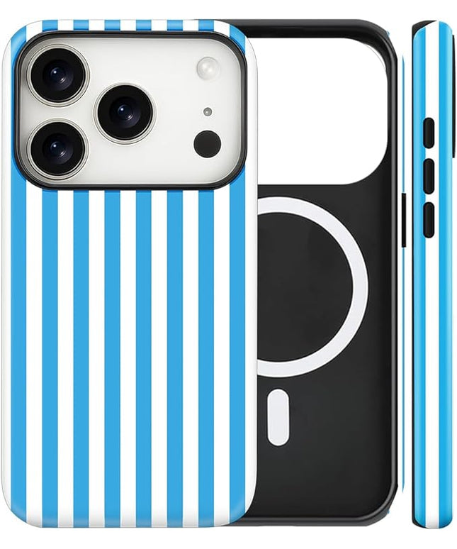 Magnetic for iPhone 17 Pro Max Case Cute Stripes Phone Case, Shockproof Slim TPU and Hard PC Protective Phone Cover Compatible with MagSafe Designed for Women Girls, Deep Blue