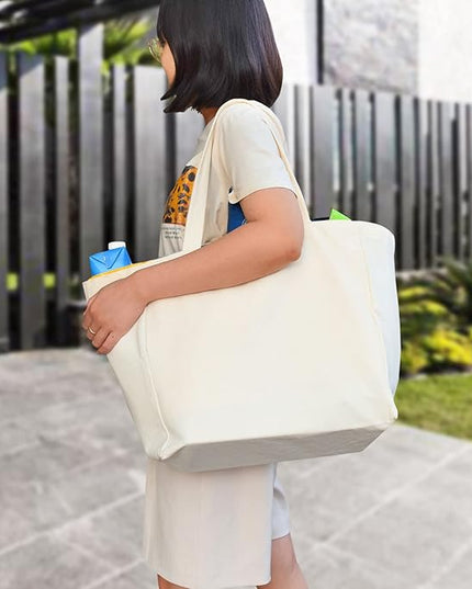 Canvas Reusable Grocery Bags Heavy Duty, 8.3 gal Foldable Large Tote Bag with Handles, Holds 60 lbs & Washable Eco-friendly Bags with 5 Pockets, Off white 1 Bags