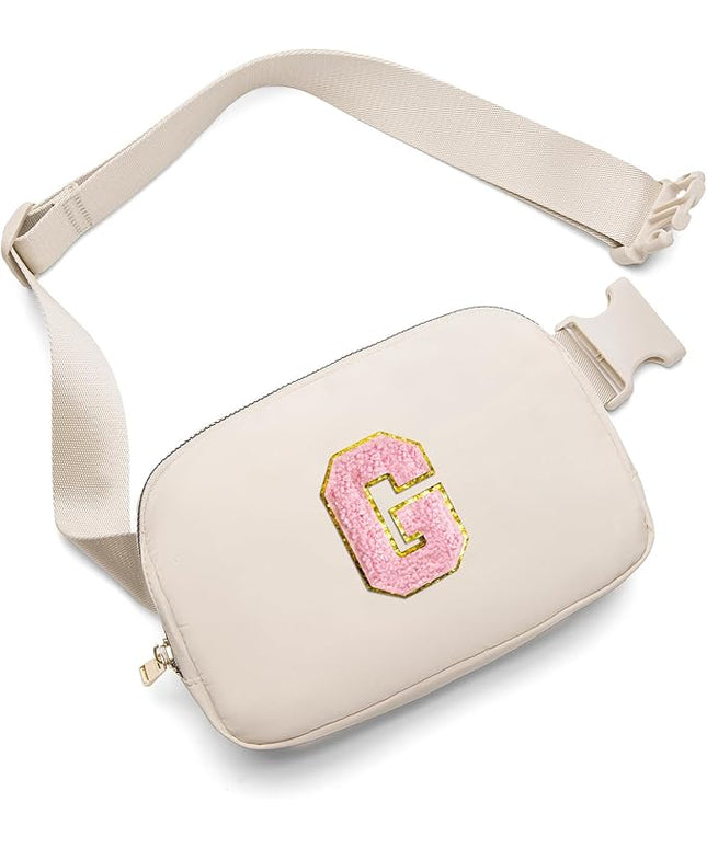 Gitus Belt Bag Fanny Pack Crossbody Bags with Initial Letter Patch Cute Stuff Birthday Gifts for Teenager Girls Trendy Preppy Stuff for Teen Girls(Beige-G)