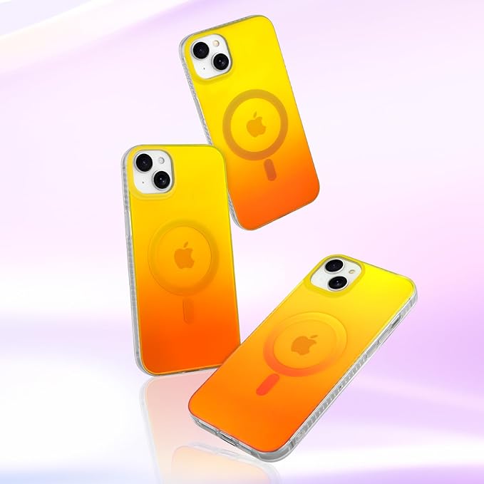 Aesthetic Case for iPhone 15 Case for Women Girls, Compatible with Magsafe, Cute Girly Trendy Glitter Sparkly Rainbow Magnetic Protective Phone Cover, Matte Iridescent Yellow & Orange