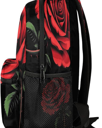 Large Backpack with 15.6 Inch Laptop Compartment, Red Rose Black Adult Backpack for Work, Travel & School College Boys Girls