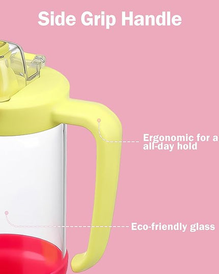 32oz Glass Water Bottle, 2-in-1 Straw and Sip Spout Lid, Leakproof Wide Mouth Tumbler with Handle, BPA-Free Reusable Bottle for Sports, Office, Outdoor, Bright Pink