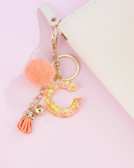Resin Alphabet Initial Letter Keychain Keyring for Women Purse Handbags With Fur Ball Pom