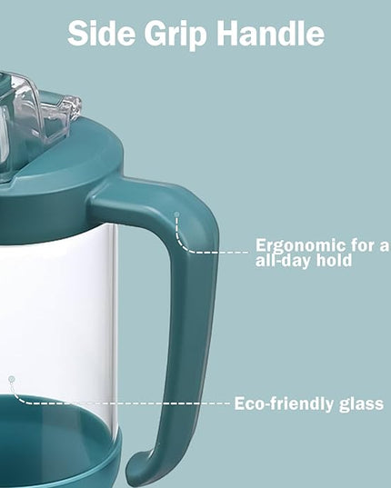 32oz Glass Water Bottle, 2-in-1 Straw and Sip Spout Lid, Leakproof Wide Mouth Tumbler with Handle, BPA-Free Reusable Bottle for Sports, Office, Outdoor, Peacock Blue
